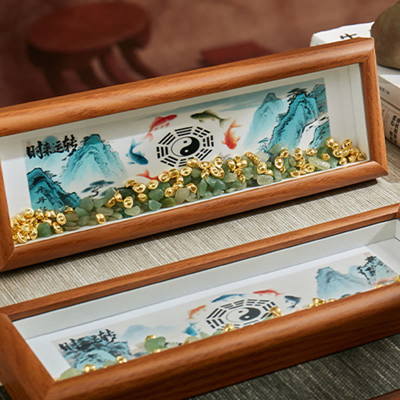 Green Crystal Bagua Photo Frame Decor – two frames diagonal on woven mat with crystals, wealth home decor
