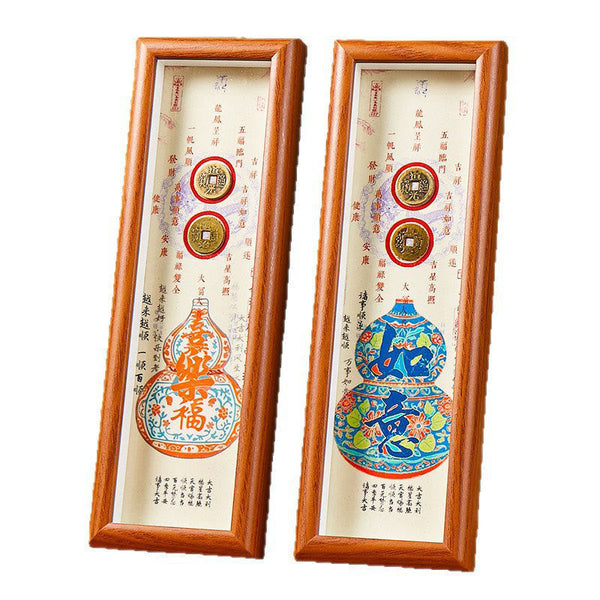 Fu Character Gourd Frame Ornament – Paired frames on white, orange joy blessing and blue peace gourd designs