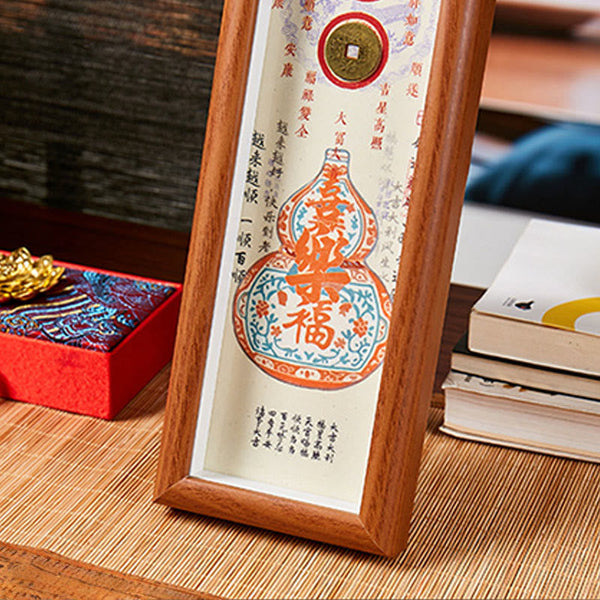 Fu Character Gourd Frame Ornament – Floral hulu gourd with joy blessing text, Qianlong era coin, Chinese lucky decor