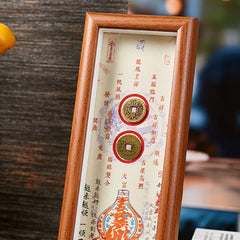 Fu Character Gourd Frame Ornament – Two copper coins with red borders above gourd motif, Chinese calligraphy blessings