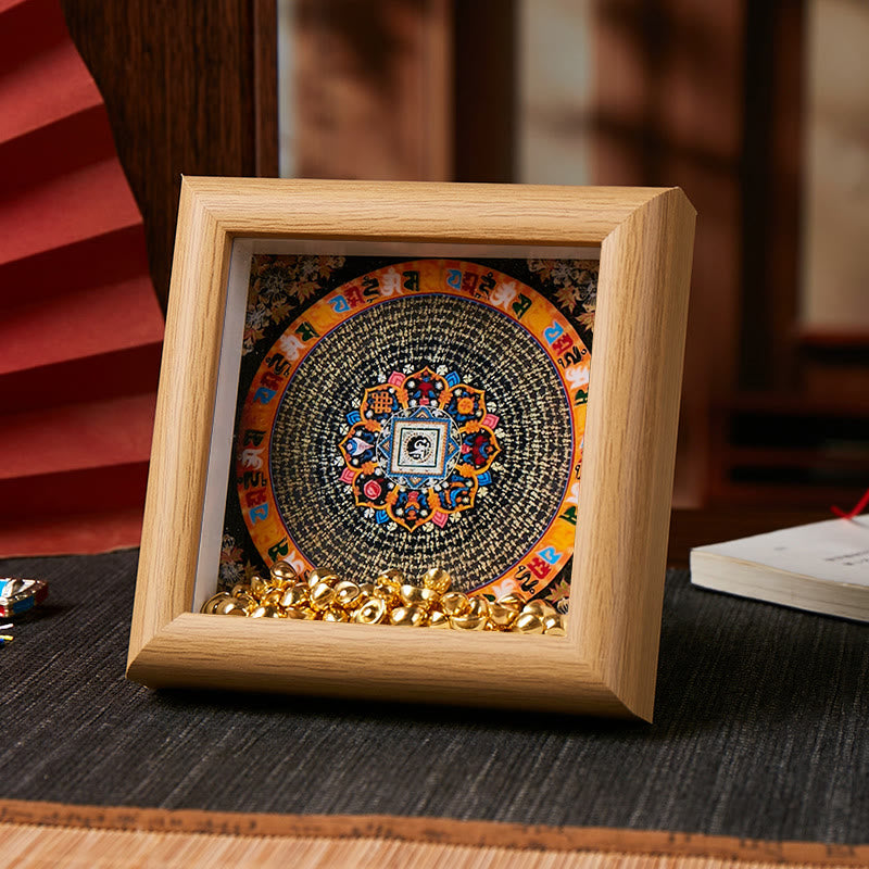 Tibetan Thangka Om Mani Padme Hum Golden Ingot Photo Frame – light wood, Tibetan script and gold
