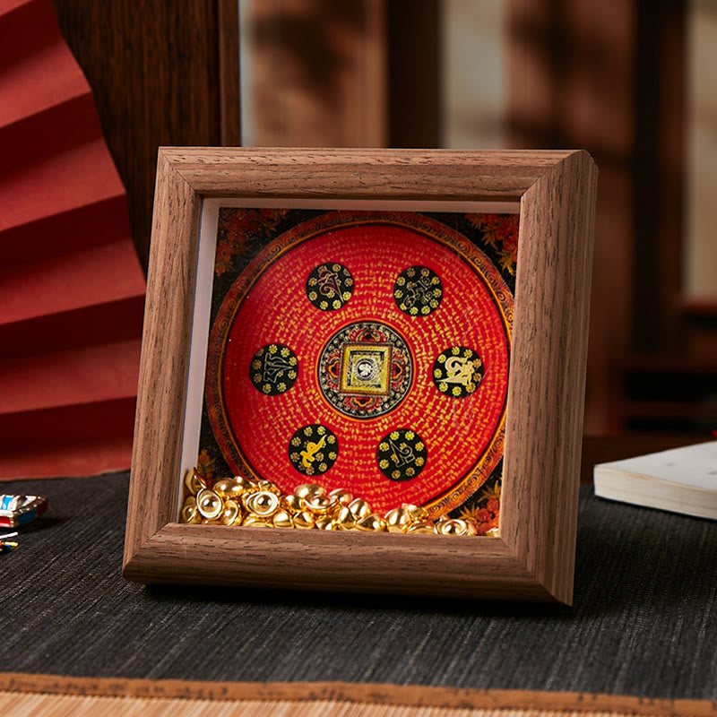 Tibetan Thangka Om Mani Padme Hum Golden Ingot Photo Frame – warm brown wood, intricate thangka