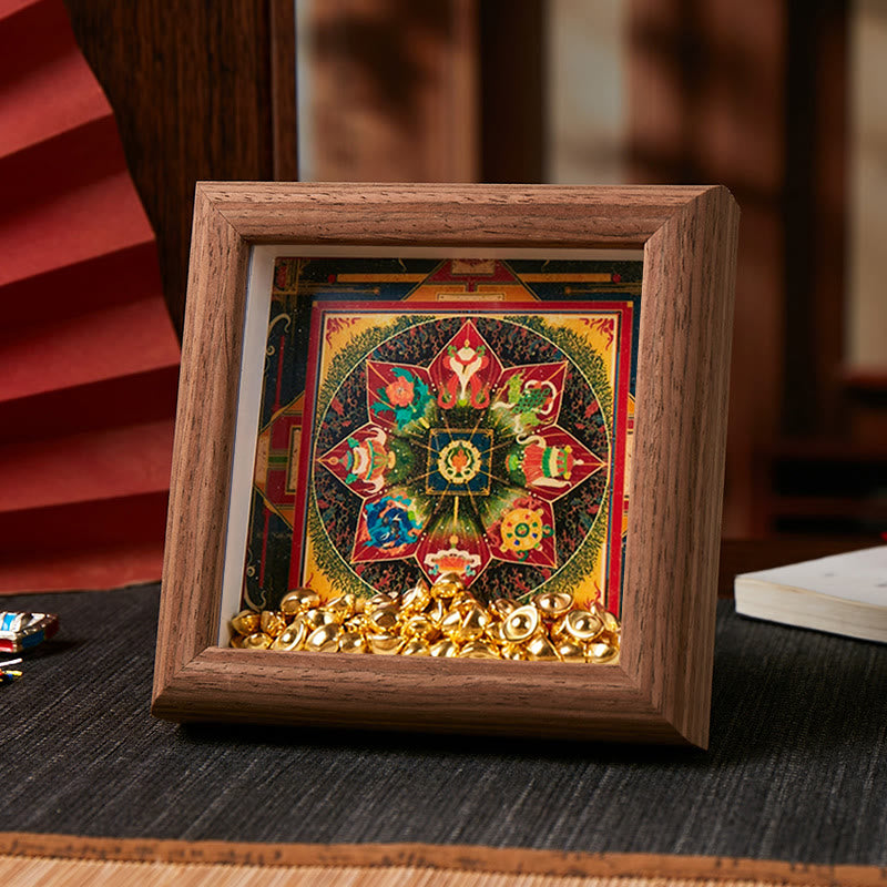 Tibetan Thangka Om Mani Padme Hum Golden Ingot Photo Frame – dark wood, Tibetan script mandala