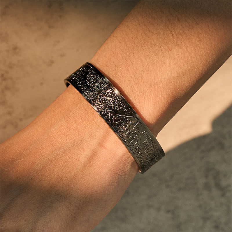 Tree of Life Copper Cuff Bracelet – worn on wrist in sunlight showing fit, balance luck bracelet