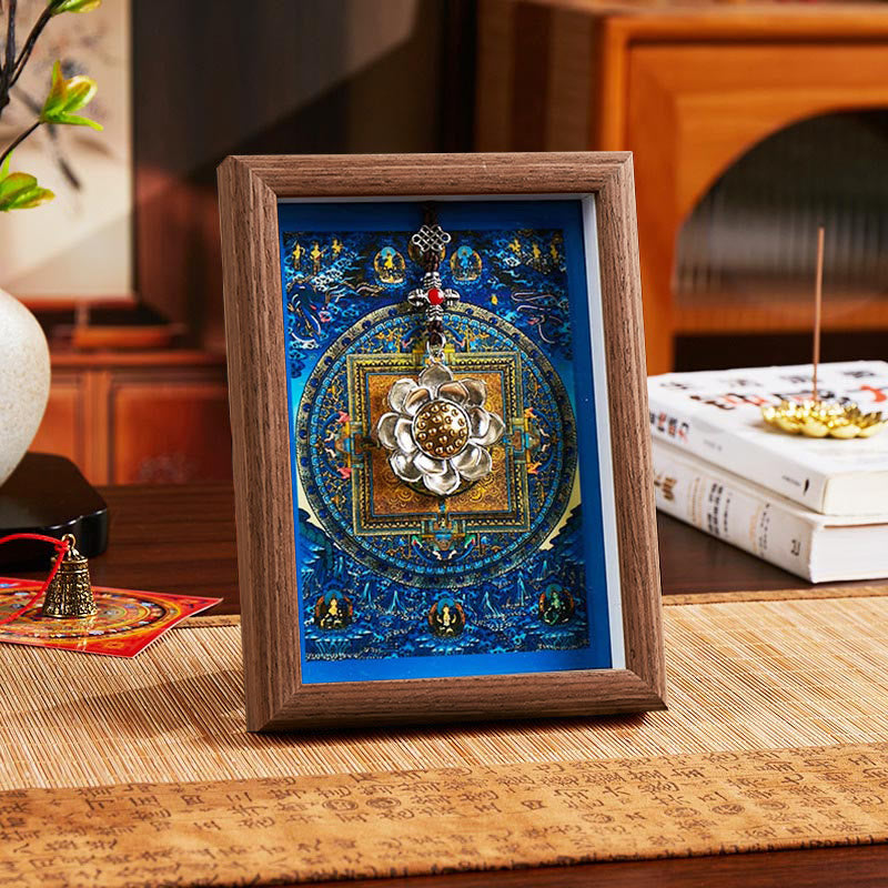 Lotus Golden Inlot Thangka Frame - Golden mandala art with metal lotus pendant on walnut wood frame, serene