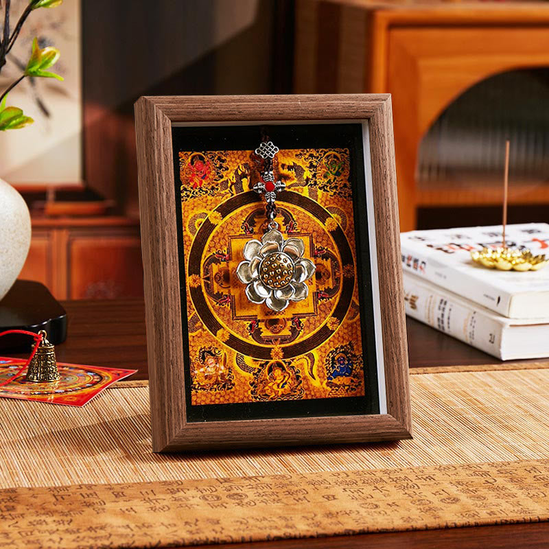 Lotus Golden Inlot Thangka Frame - Golden Buddhist mandala with silver lotus on brown wood frame, meditation