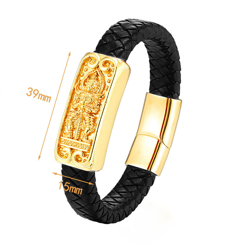 Titanium Steel Leather Buddha Bracelet Strength Energy Jewelry – side angle leather weave, durable titanium steel clasp