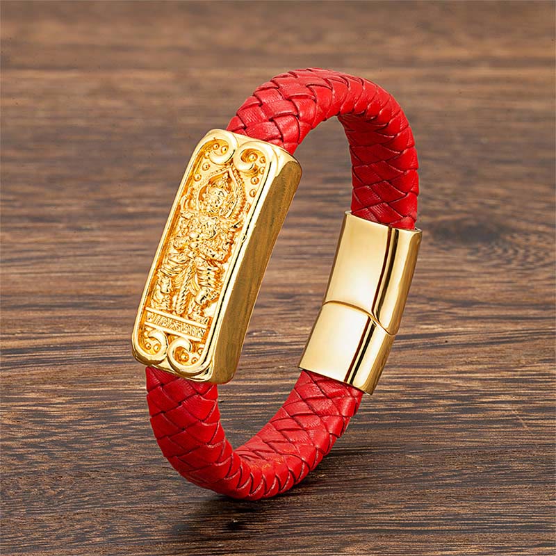 Titanium Steel Leather Buddha Bracelet Strength Energy Jewelry – red leather option, bold passionate strength bracelet
