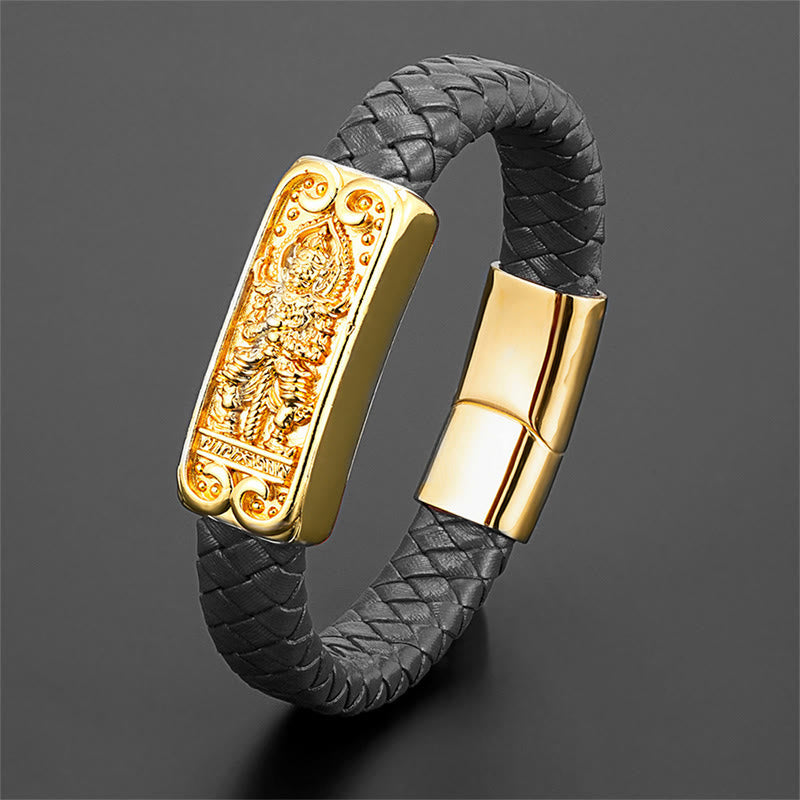 Titanium Steel Leather Buddha Bracelet Strength Energy Jewelry – front view wristband detail, mens spiritual accessory