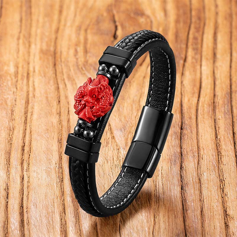 Cinnabar Koi Fish Dragon Pi Xiu Leather Blessing Bracelet – red dragon head black leather wood, luck strength feng shui