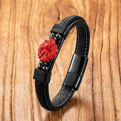 Cinnabar Koi Fish Dragon Pi Xiu Leather Blessing Bracelet – red dragon head black leather wood, luck strength feng shui