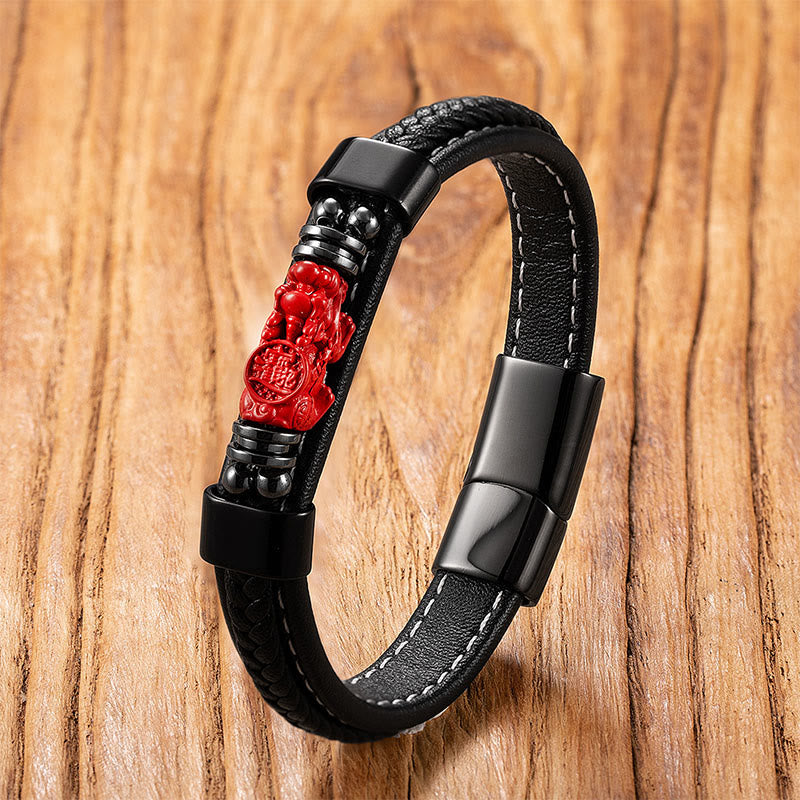 Cinnabar Koi Fish Dragon Pi Xiu Leather Blessing Bracelet – red Pi Xiu coin carving black leather wood, feng shui wealth