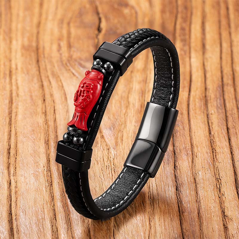 Cinnabar Koi Fish Dragon Pi Xiu Leather Blessing Bracelet – red koi fish carved bead black leather wood, abundance luck
