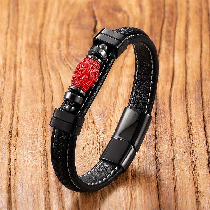 Cinnabar Koi Fish Dragon Pi Xiu Leather Blessing Bracelet – cylindrical red bead black leather wood, cinnabar pattern