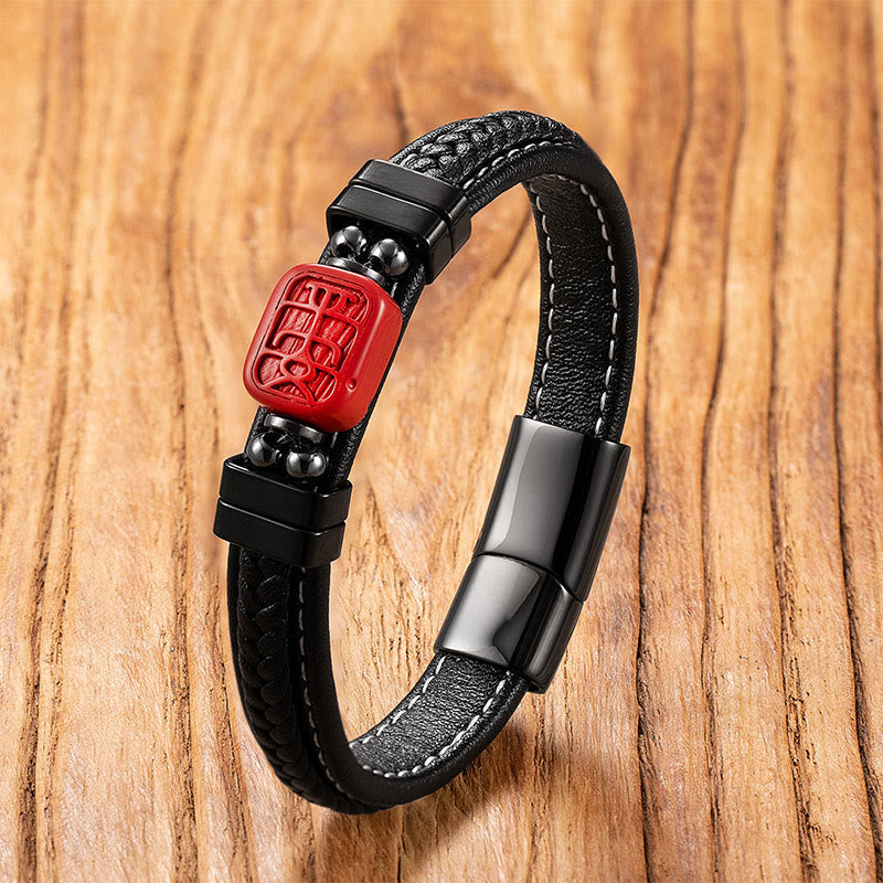 Cinnabar Koi Fish Dragon Pi Xiu Leather Blessing Bracelet – square red carved charm black leather wood, good fortune