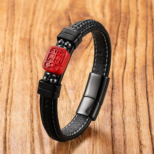 Cinnabar Koi Fish Dragon Pi Xiu Leather Blessing Bracelet – square red carved charm black leather wood, good fortune