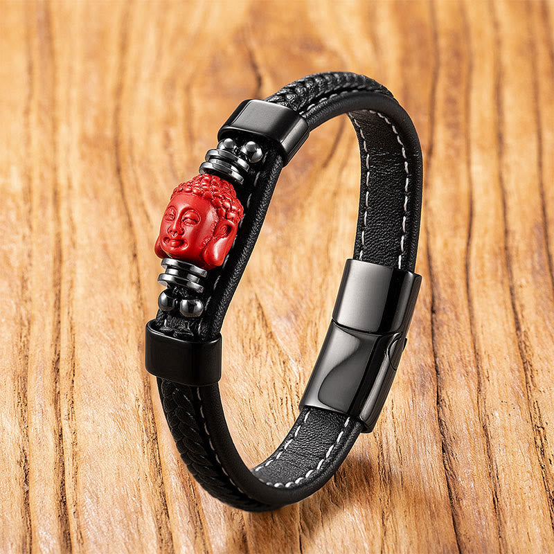 Cinnabar Koi Fish Dragon Pi Xiu Leather Blessing Bracelet – red Buddha head black leather wood, feng shui luck