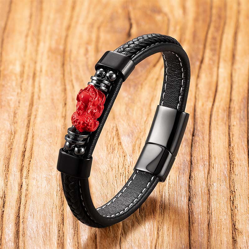 Cinnabar Koi Fish Dragon Pi Xiu Leather Blessing Bracelet – red Pi Xiu charm black leather wood, wealth talisman