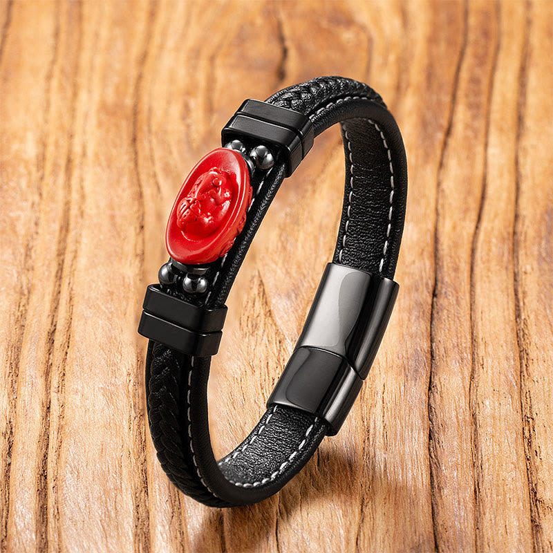 Cinnabar Koi Fish Dragon Pi Xiu Leather Blessing Bracelet – oval red Buddha relief black leather wood, blessing charm