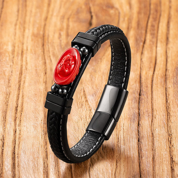 Cinnabar Koi Fish Dragon Pi Xiu Leather Blessing Bracelet – oval red Buddha relief black leather wood, blessing charm