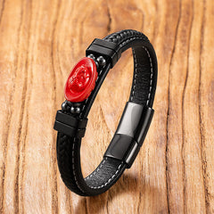 Cinnabar Koi Fish Dragon Pi Xiu Leather Blessing Bracelet – oval red Buddha relief black leather wood, blessing charm