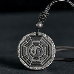 Shungite Stone Yin Yang Bagua Necklace - front view showing eight trigrams, bagua pendant