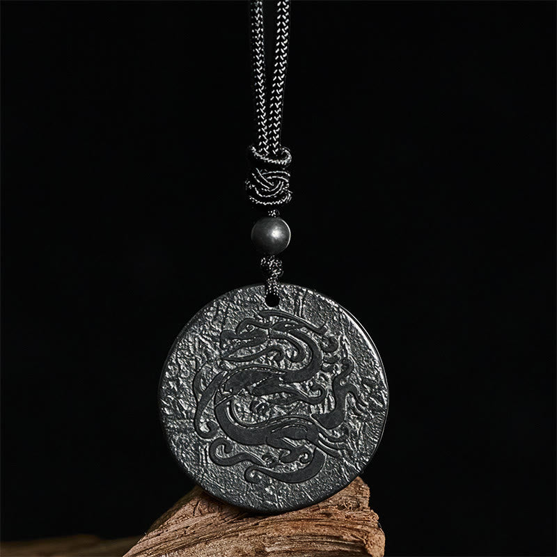 Shungite Dragon Necklace - textured dragon medallion on driftwood, black void backdrop, Mental Clarity