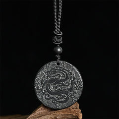 Shungite Dragon Necklace - textured dragon medallion on driftwood, black void backdrop, Mental Clarity