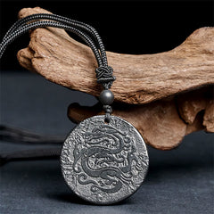 Shungite Dragon Necklace - coiled dragon relief on aged root wood, woven cord, EMF Shielding