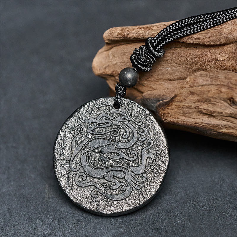 Shungite Dragon Necklace - carved dragon on blue-gray slate with driftwood, knotted cord, Grounding