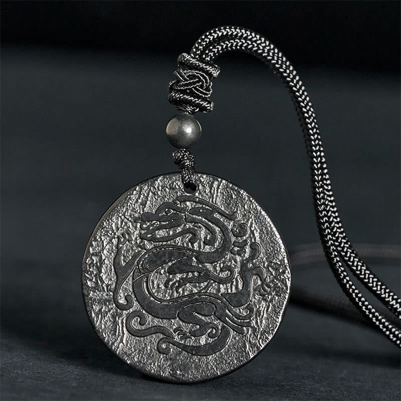 Shungite Dragon Necklace - hammered dragon disc on dark slate, braided cord with knot, Protection