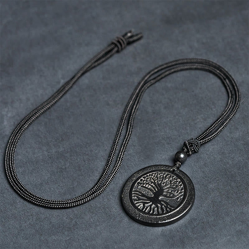 Tree of Life Shungite Stone Necklace – full cord necklace flat lay on gray background, adjustable necklace