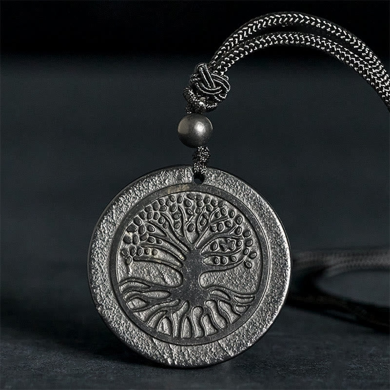 Tree of Life Shungite Stone Necklace – round shungite pendant with tree carving on braided cord, protection jewelry