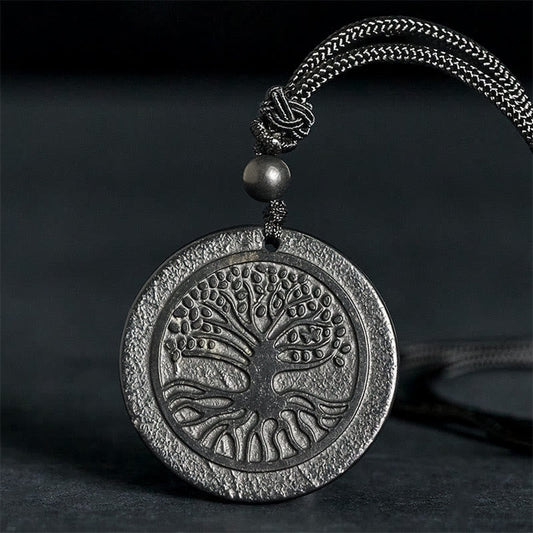 Tree of Life Shungite Stone Necklace – round shungite pendant with tree carving on braided cord, protection jewelry