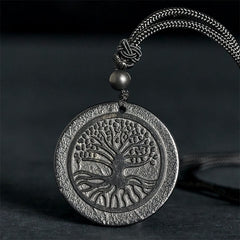 Tree of Life Shungite Stone Necklace – round shungite pendant with tree carving on braided cord, protection jewelry