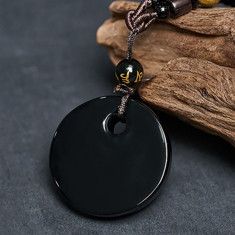 Black Obsidian Bi Disc Pendant Necklace with gold mantra bead, natural stone jewelry