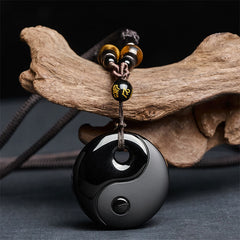 Yin Yang Black Obsidian Pendant Necklace on driftwood, tiger's eye beads, obsidian jewelry