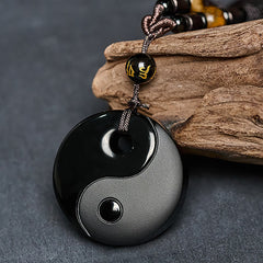Yin Yang Obsidian Pendant macro detail, polished and matte finish, balance necklace