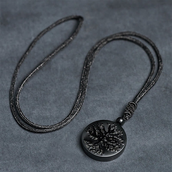 Tree of Life Black Obsidian Necklace – full length cord necklace laid flat on gray surface, mens necklace