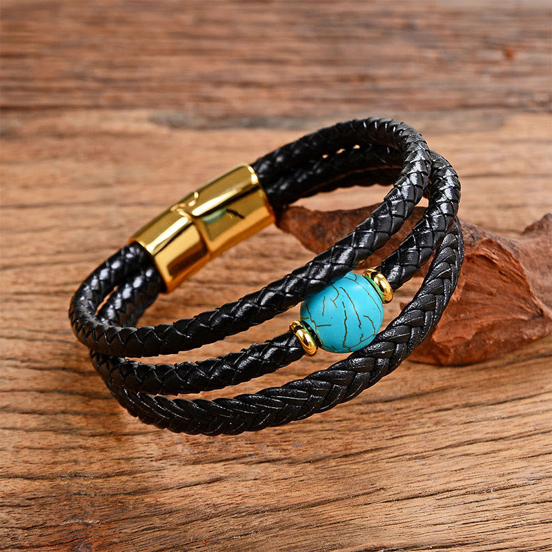Leather Mantra Bracelet - Blue turquoise with matrix on double black leather, gold clasp, mens bracelet