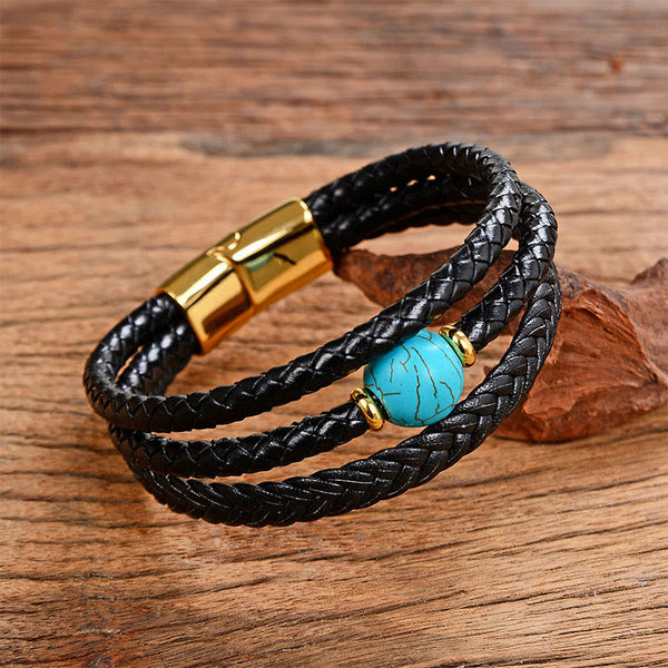 Leather Mantra Bracelet - Blue turquoise with matrix on double black leather, gold clasp, mens bracelet