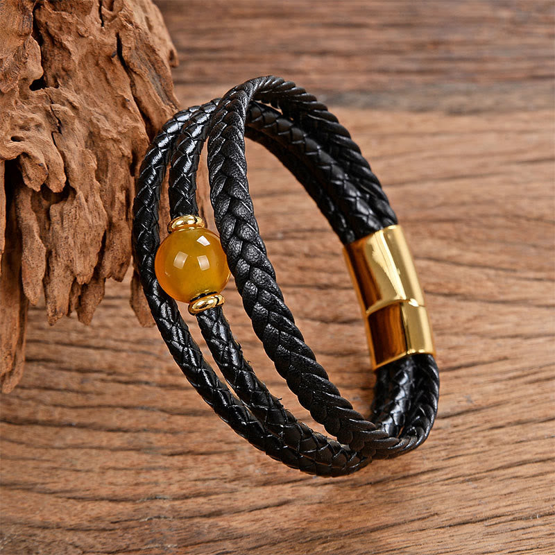 Leather Mantra Bracelet - Golden amber bead on triple black leather with gold magnetic clasp, stone bracelet