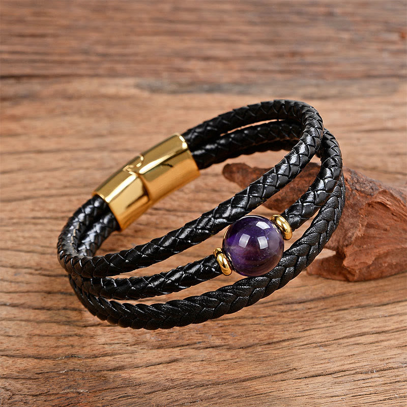 Leather Mantra Bracelet - Banded purple amethyst on dual black leather with gold clasp, healing bracelet