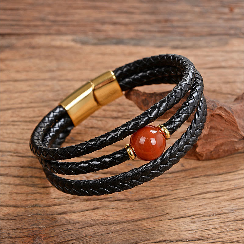 Leather Mantra Bracelet - Warm orange carnelian on triple black leather with gold clasp, mens bracelet