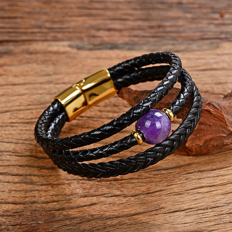 Leather Mantra Bracelet - Purple amethyst on black braided leather with gold clasp, mens healing bracelet
