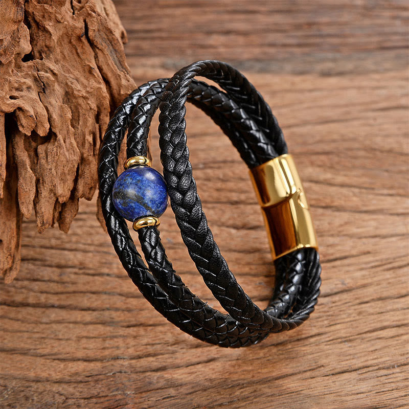 Leather Mantra Bracelet - Deep blue lapis lazuli on double black leather with gold accents, gemstone jewelry
