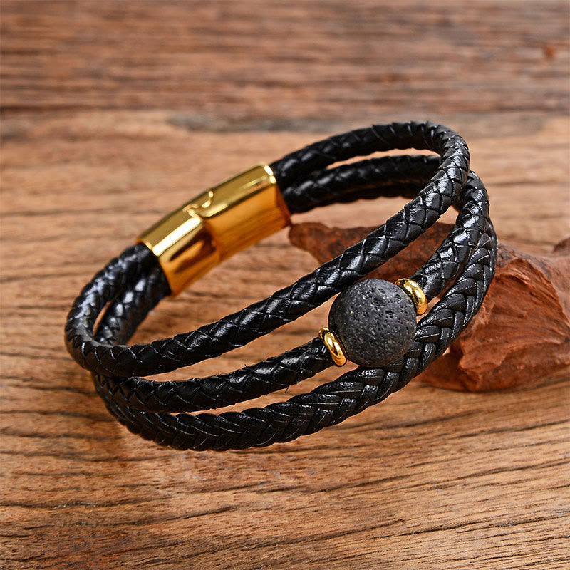 Leather Mantra Bracelet - Gray lava rock on double braided leather with gold accents, mens leather jewelry