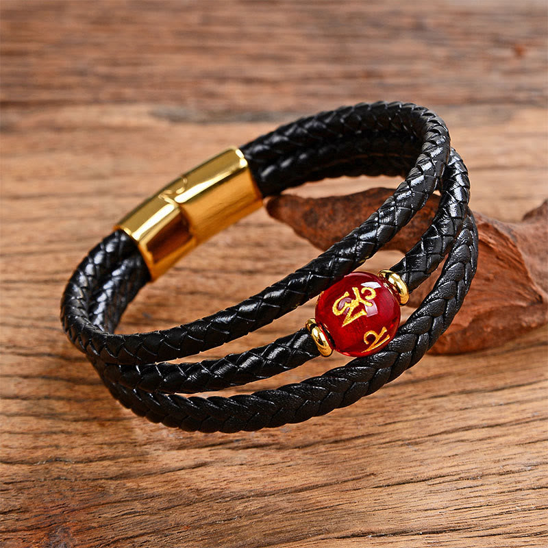 Leather Mantra Bracelet - Red bead with gold script on triple black leather, gold clasp, beaded bracelet