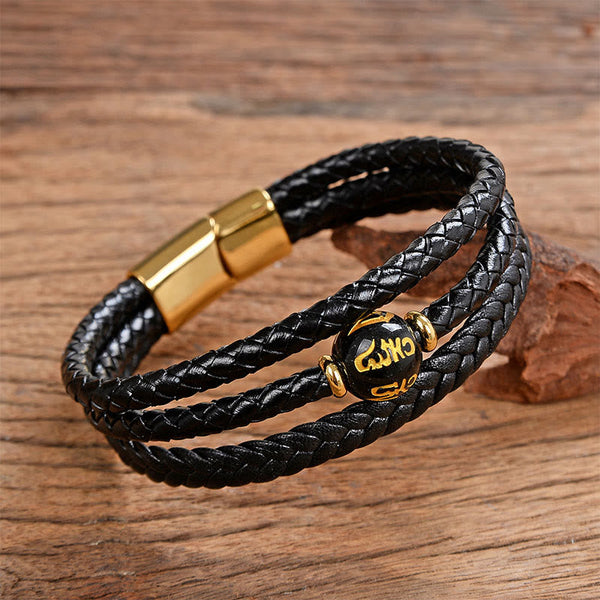 Leather Mantra Bracelet - Black bead with gold spiritual script on double leather, gold clasp, prayer
