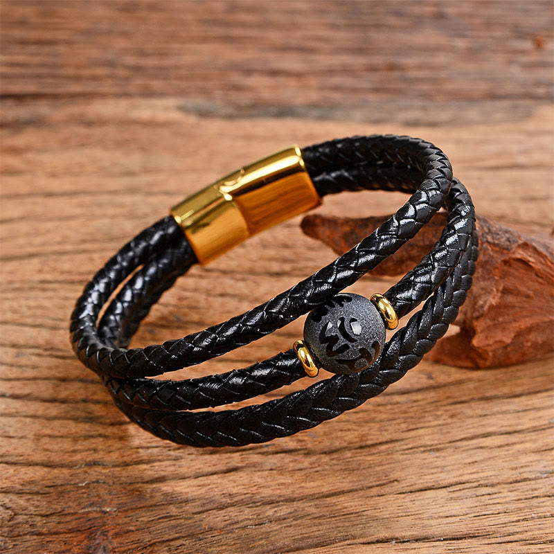 Leather Mantra Bracelet - Black lava stone on triple braided leather with gold clasp, natural stone bracelet